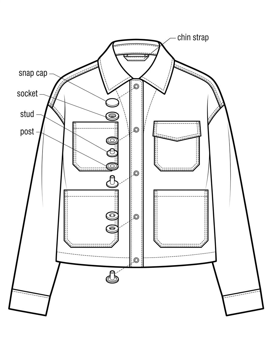 Chore jacket hardware exploded view: snap cap, socket, stud and post