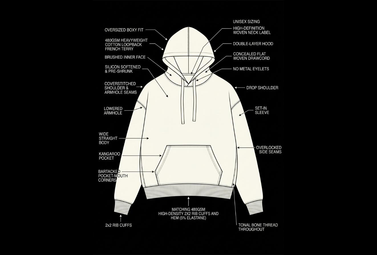 Hoodie technical flat with labelled construction callouts
