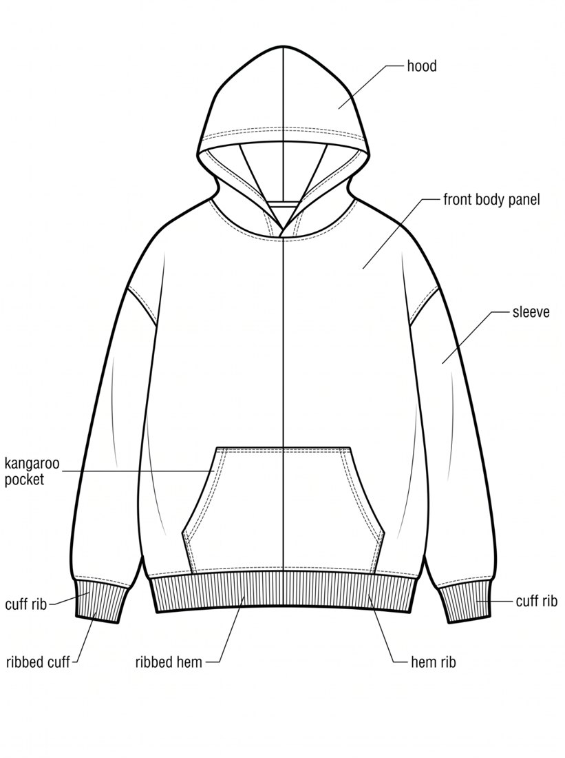 Hoodie technical flat, front, with labelled parts