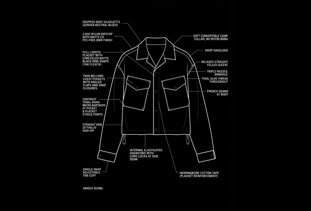 Overshirt technical flat with sixteen labelled construction callouts