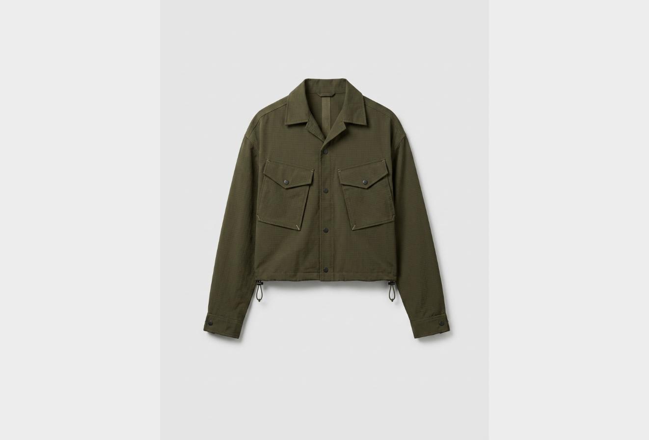 Cropped boxy utility overshirt in olive, generated product render