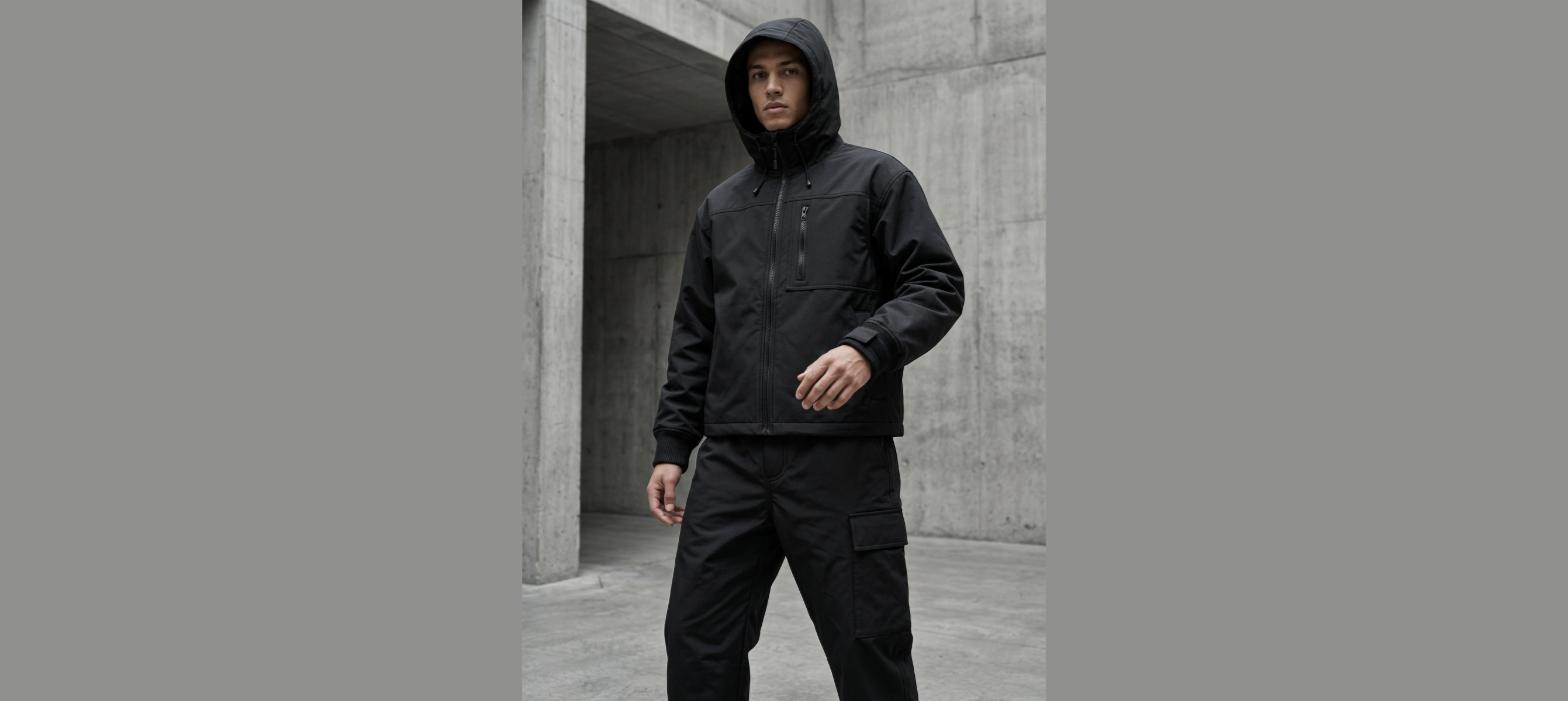 Technical shell jacket shown on a figure in a concrete setting, generated campaign visual